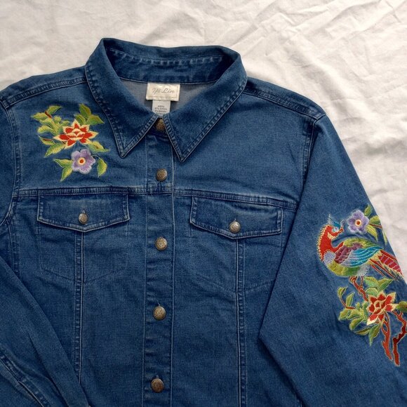 Asian Style Embroidered Denim Jacket sz M Floral Pheasant Boho Y2K - Picture 1 of 14